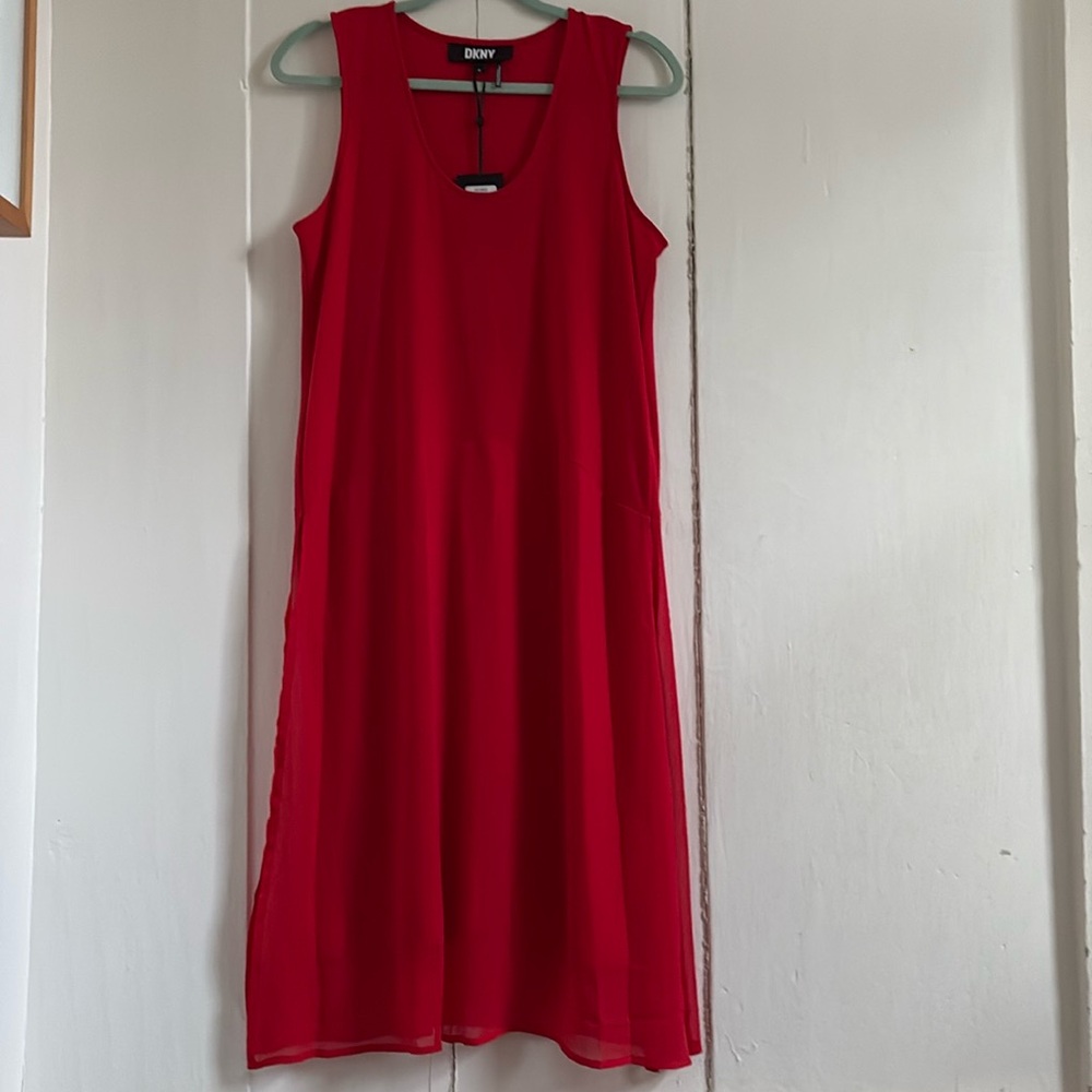 Red cotton jersey and crinkle sheer overly skirt dress. DKNY size M. NWT.